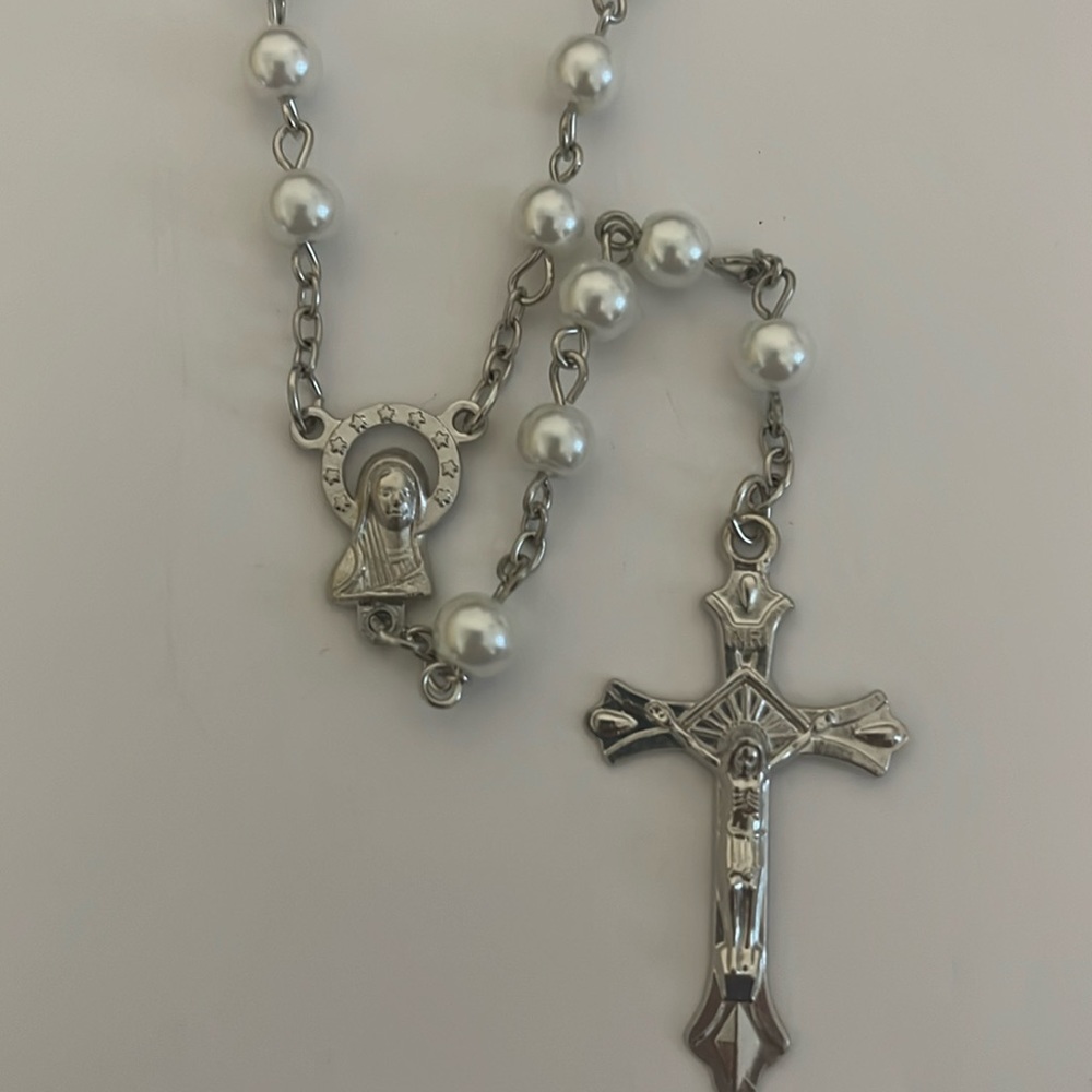 Catholic White Glass Pearl Traditional Rosary Beads